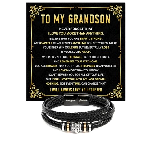 Mapileng To My Grandson Braided Leather Bracelet with Love You Forever Message Thoughtful Gift from Grandpa & Grandma with Elegant Gift Box Ideal for Birthday Graduation Christmas For Grandson