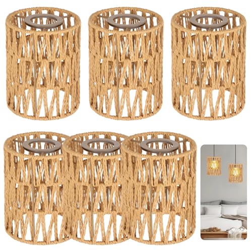 6 PCS Rattan Lamp Shade,Small Wicker Pendant Light Shade - Cylinder Woven Wicker Lampshades Replacement,Paper Rope & Metal Frame,Bohemian Ceiling Hanging Light Shades for Wall Light