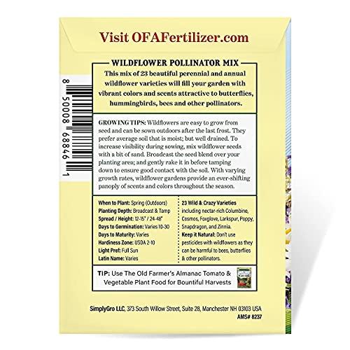The Old Farmer's Almanac Premium Wildflower Seeds (23 Variety Pollinator Mix) - Non-Gmo, Open Pollinated - Columbine Cosmos Foxglove Larkspur Poppy Snapdragon Zinnia. Attracts Butterflies Bees Birds #TOP2