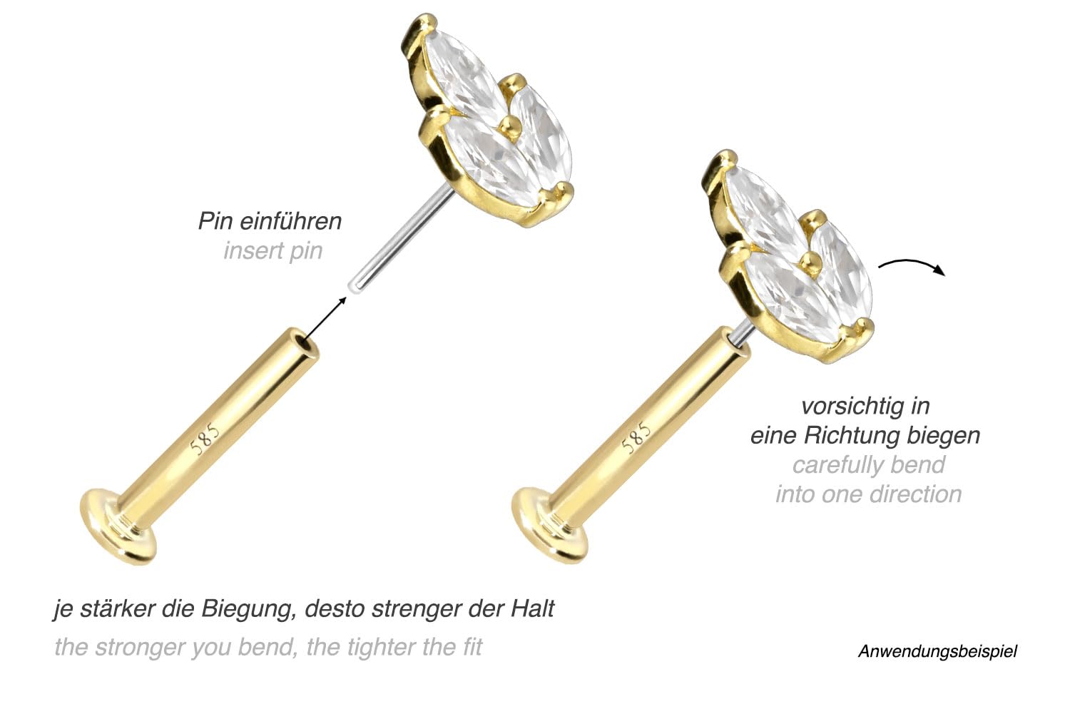 PIERCINGLINE Piercing Stecker 14 Gold Labret mit Push Fit MOISSANIT-LOTUSBLÜTE 585er Gold - Roségoldfarben, Goldfarben, Silberfarben