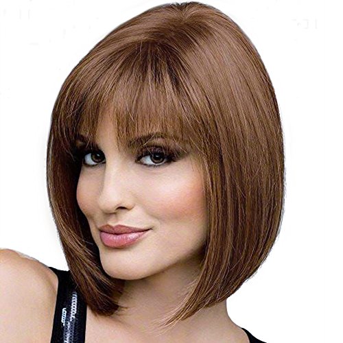 14" Bob Wigs for Women Dark Brown Hair Short Straight with Bangs Synthetic Heat Resistant Replacement Natural Daily Cosplay Party + Free Wig Cap