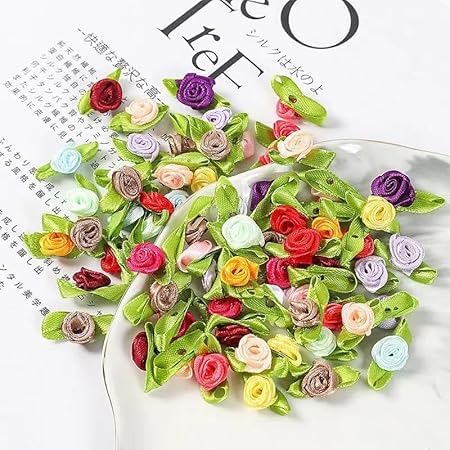 100Pcs Mini Ribbon Rose Flower Ornament, Cute Satin Fabric Rose Buds with Leaves, Mixed Color Roses Sewing Appliques Trim and Embellishments for Jacket Skirt Decor Trim & Embellishmentsï¼ˆMulticolorï¼‰