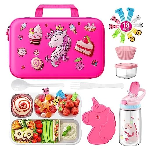 Conjunto de lancheira com isolamento de unicórnio, 18 peças, lancheira bentô para crianças, estilo Bento, à prova de vazamento, 4 compartimentos, garrafa de água, pacote de gelo, copo de muffin,