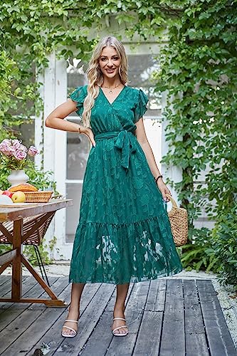 Image of VintageClothing Womens Sundress Casual Floral Summer Boho Dress | Flowy Wrap V Neck Ruffle A-Line Pleated Hem Midi Dresses