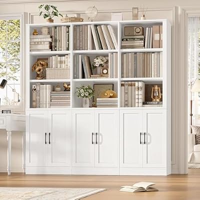 FINETONES 70” H x 63” W Triple Wide Bookshelf, Large Bookshelf and Bookcase with 6 Doors, 5 Tier Tall Book Shelf with 15 Storage Shelves, Tall Book Case with Storage Cabinet for Home Office
