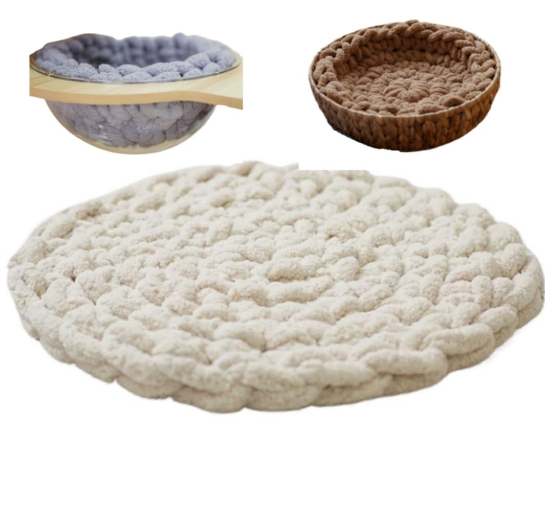 UzeEnde Handwoven Round Cat Bed Mat – Boho Soft Knitted Woven Pet Cushion for Sleeping Kneading Nest Cozy Pad for Capsule Beds Cat Trees Crates Sofa Lounging All Season (50CM,White)