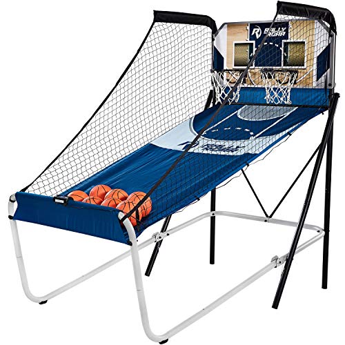 Rally and Roar Premium Shootout Indoor Foldable Arcade Basketball Game - Dual Shot with LED Lights and Scorer - 8 Game Options with 7 Basketballs and Pump
