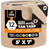 Heavy Duty Tan Poly Tarp 5' X 7' - Multipurpose Protective Cover - Durable, Waterproof, Weather Proof, Rip and Tear Resistant - Extra Thick 12 Mil Polyethylene - by Xpose Safety