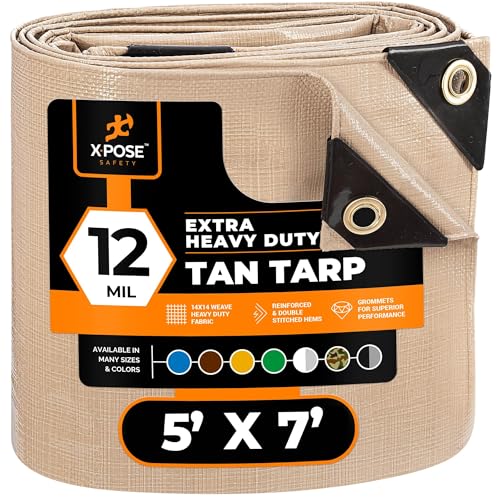 Heavy Duty Tan Poly Tarp 5 X 7 - Multipurpose Protective Cover - Durable Waterproof Weather Proof Rip and Tear Resistant - Extra Thick 12 Mil Polyethylene - by Xpose Safety