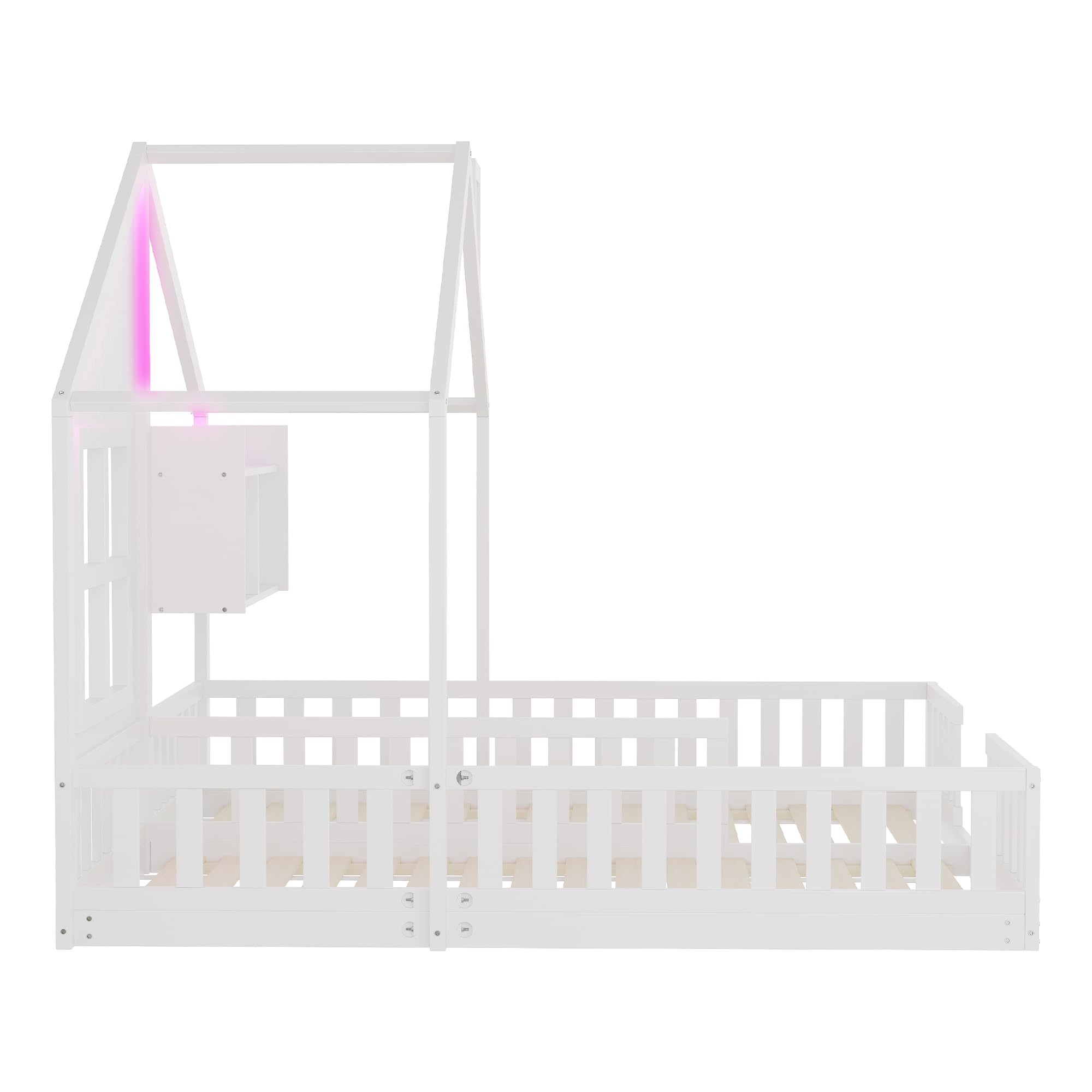 Lettino per Bambini 90×200 cm, Letto Matrimoniale Indipendente in Stile Casa, Funzione Atmosferica, Recinzione di Sicurezza e Superfici di Appoggio, Legno + MDF, Completo di Rete a Doghe per