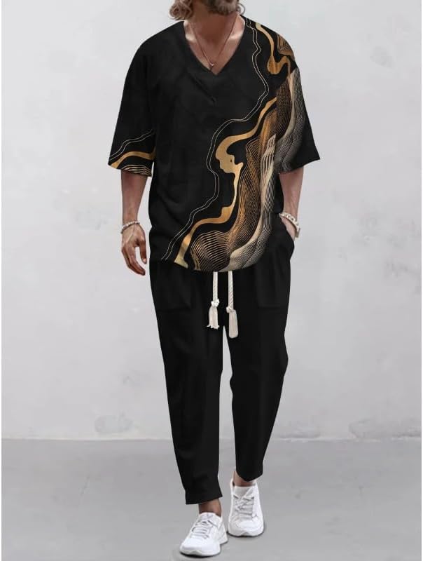 Men's loose V-neck five quarter sleeve pants 2-piece set V-neck cotton casual T-shirt nine quarter pants vacation set