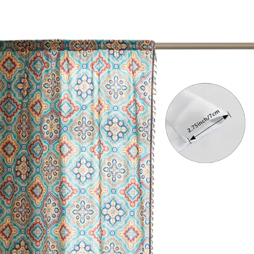 Image of Turquoise Blue Boho Curtains 72 Inches Long, Colorful Medallion Farmhouse Light Filtering Rod Pocket Drapes with Tassel Trim for Bedroom Living Room, 2 Panels