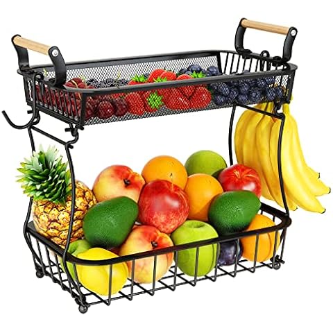 Miyawell 2-Tier Fruit Basket with Banana Hangers Cover