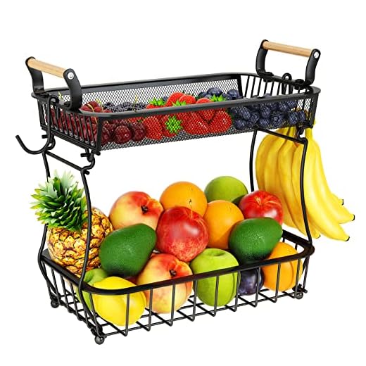 Corbeille à fruits à 2 niveaux avec 2 cintres en forme de banane pour comptoir de cuisine, comptoir de légumes, produits de grande capacité en fil métallique pour oignons, collation, noir