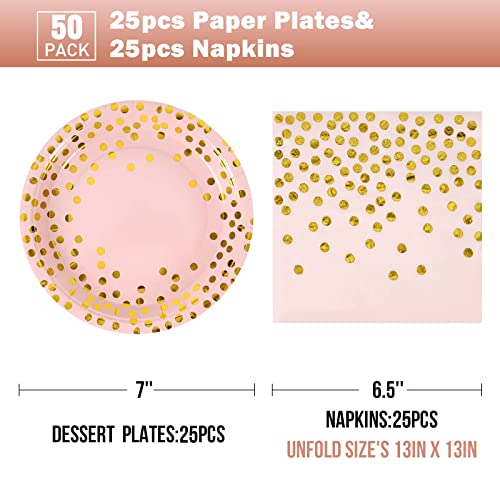 Cenlbj Pink And Gold Paper Plates-50 Pack- 25 * 7Inch Paper Plates & 25 * 6.5Inch Napkins,Pink Gold Paper Plates And Napkins Party Supplies For Birthdays Receptions And All Occasions #TOP1