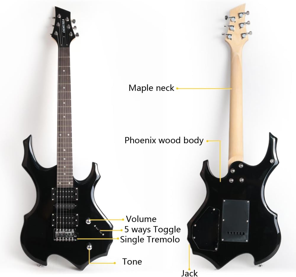 Electric guitar 24fret full size flame shape black guitars HSH pickup single tremolo phoenix body maple neck dot inlay gigbag strap in suitable all people practice music show party play(FR Black)