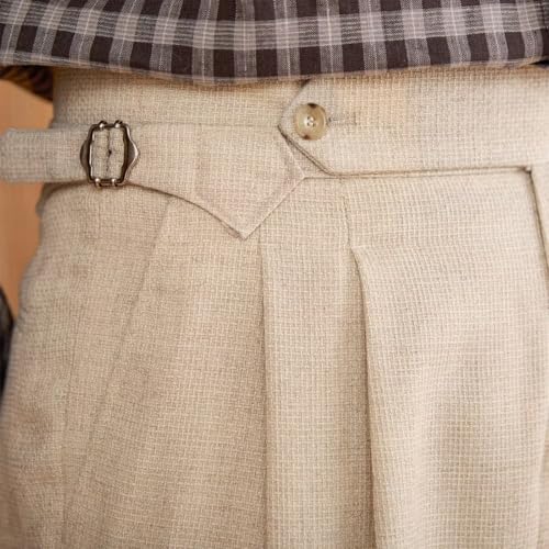 Mens Linen Pants Classic Flat Front Pleated Pants Casual Beach Wedding Stretch Trousers2