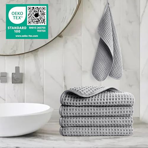 Image of POLYTE 430 GSM Microfiber Lint Free Washcloth Face Towel, 13 x 13 in, 4 Pack (Waffle Weave)