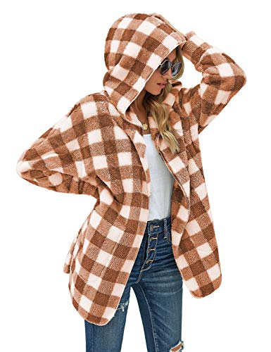 LookbookStore Women's Casual Plaid Grid Print Winter Open Front Hooded Draped Pocket Fleece Cardigan Fuzzy Outerwear Jacket Sherpa Coat Multicoloured Brown Size X-Large