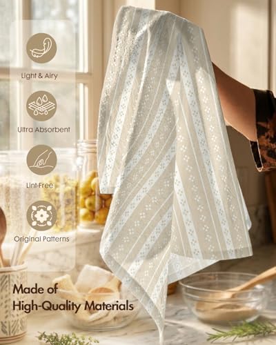 Image of Miss Adola 2 Pack Flour Sack Kitchen Towels - 16x26 Inch Cotton Dish Towels with Hanging Loop Reusable Geometric Boho Modern Tea Towel Absorbent Dishcloths Home Decor, Beige Bohemia