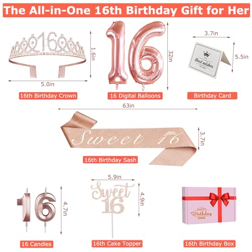 Sweet 16 Birthday Decorations, Including Sweet 16 Sash and Tiara, Cake Topper and Candles, Rose Gold Number Balloons, 16th Birthday Gifts Girl - Image 5