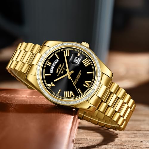 Image of NIBOSI Watches for Men Analog Quartz Diamond Bezel Stainless Steel Dial Rose Gold Silver Mens Watch Waterproof Business Classic Dress Wrist Watch with Day Date
