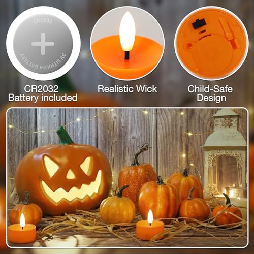 Image of 24 Pack Orange Flameless Tealight Candles Battery Operated Tea Lights, Realistic Flickering Fake LED Tealights Candles, 3D Wick LED Tea Lights for Halloween, Festival, Party, Home Decor