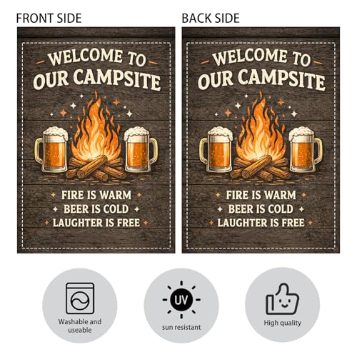 Image of Nuxovilar Camping Flag Fire Pit Garden Flag 28x40 Inches Polyester | Campsite Banner Vintage Lawn Decor Campsite Fire Pit Entryway (Rustic Campfire)