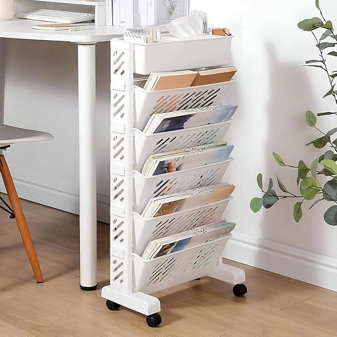 KREZON 5 Layer Movable Bookshelf,Large Capacity Rotatable Plastic Rolling Organization Shelf,Utility Movable Book Rack for Kids Children Students Study in Bedroom Home School, White-image-30