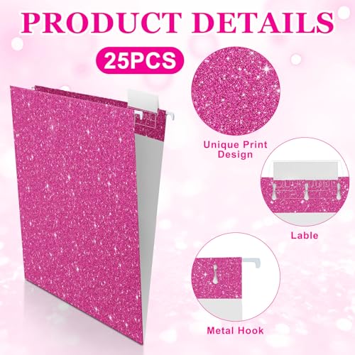 Moinchore 25 Pastas de arquivo vermelhas para pendurar 30 x 23 cm com glitter com 25 abas ajustáveis