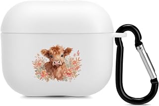 Cute Highland Cow Case Compatible with AirPods 3rd White | Protective Cover Compatible with AirPods 3rd with Keychain for Men Women