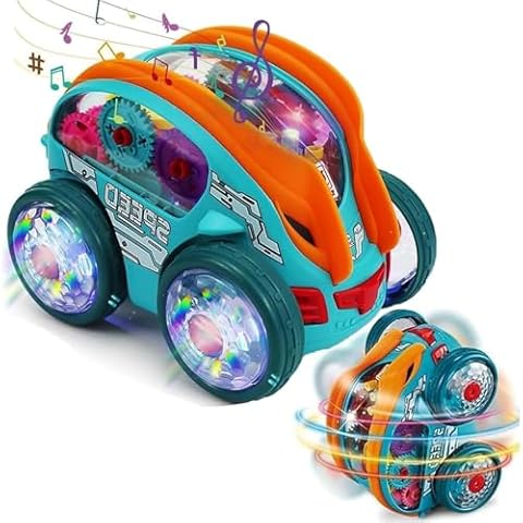 Dynamic Gear-Powered Car with Led Lights, Children's Transparent Luminous Toy Car, Bump and Go Toy Cars with Colorful Moving Gears, Suitable for Children Aged 3+ Years (1PCS, Not Included Batteries) Cover