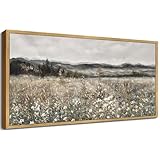 SHENIFY 20x40in Extra Large Vintage Framed Wall Art Meadow with Flowers Landscape Painting Retro Scenery Farmhouse Bedroom Above of Bed Living Room Decor - Natural Framed
