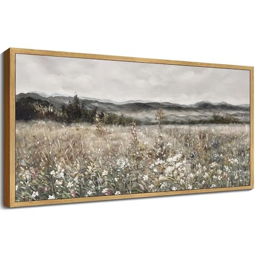 SHENIFY 20x40in Extra Large Vintage Framed Wall Art Meadow with Flowers Landscape Painting Retro Scenery Farmhouse Bedroom Above of Bed Living Room Decor - Natural Framed