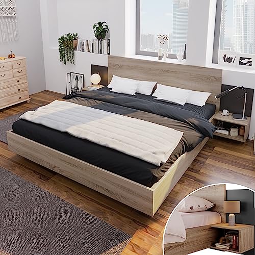 LATICO Doppelbett Bettanlage 160 x 200 cm, Holzbett mit 2 Nachtkommoden, Schlafzimmer Komplett-Set in Eiche Sonoma/Dunkelgrau, Futonbett Massivholzbett，Ohne Matratze