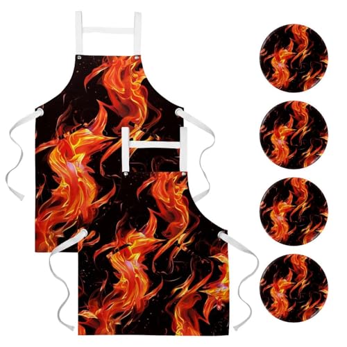 Tablier de cuisine pour homme et femme lot de 2 avec poches imprimé flamme rouge