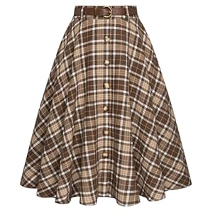 Belle Poque Women’s Plaid Skirt High Waisted A-Line Flared Midi Skirts with Pockets & Belt