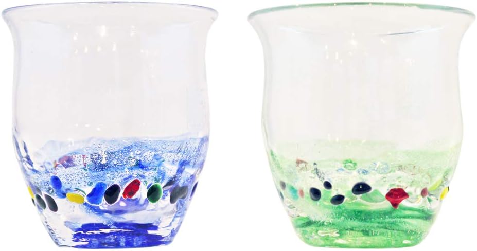 Genkawa Genkichi Workshop Rock Glasses (Blue, Green), φ3.5 inches (9 cm), Beautiful Sango, Pack of 2