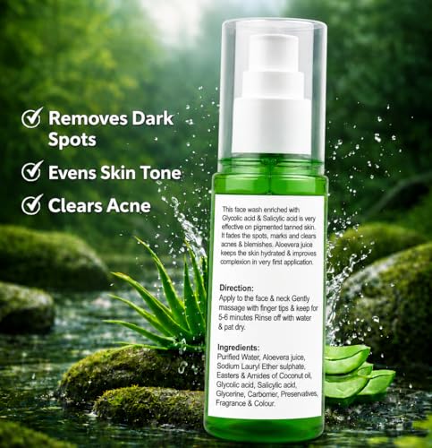 Image of Glow & De-Tan Face Wash with Glycolic Acid & Salicylic Acid, Removes Dark Spots, Evens Skin Tone, Clears Acne, Aloevera Acid