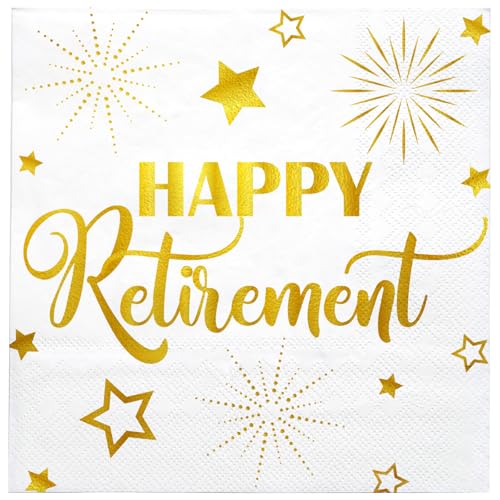 LeZakaa 25Pcs Happy Retirement Paper Napkin 3-Ply Gold Foil Cocktail Beverage Bar Square Disposable Napkins Guest Paper Hand Towels Tea Party Napkins Retirement Farewell Celebration 5 x 5 In