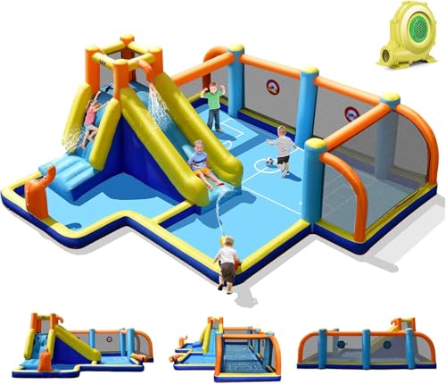COSTWAY Château Gonflable avec Toboggan Aquatique et Souffleur 680W, Aire de Jeux Gonflable avec Mur d’Escalade et Double Canon à Eau, Zone de Football, Jeu de Cible, Intérieur Extérieur