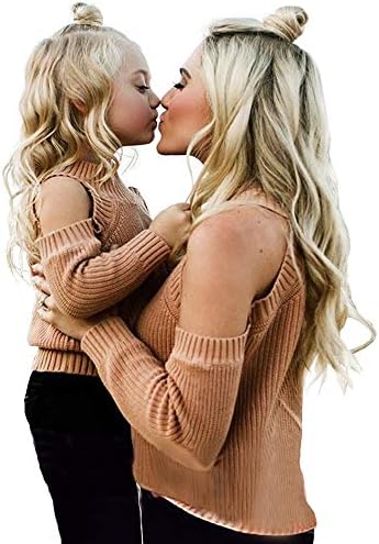 Matching Family Outfits, Mommy and Me Shirts for Women Toddler Girls Cold Winter Off-Shoulder Orange Sweater