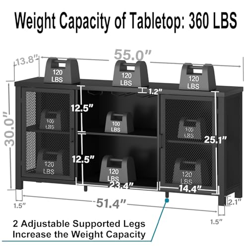 Launica Black Wine Bar Cabinet, Coffee Bar Cabinet with Storage, Farmhouse Kitchen Buffet Cabinets with Rack for Liquor Coffee, Industrial Wine Cabinets for Home Living Dining Room, Black Oak, 55 in - Thumbnail 2