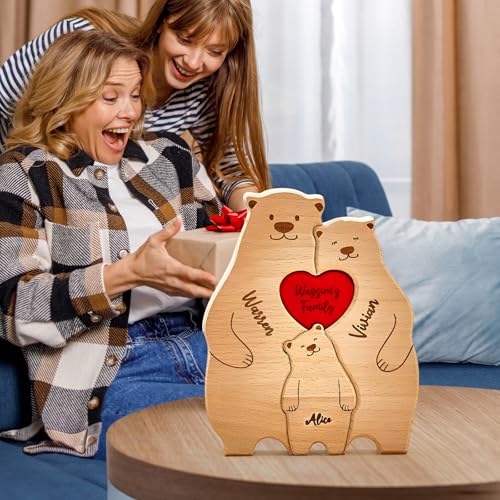 VEELU Personalisiertes Holzkunstpuzzle der Bärenfamilie mit 2-6 Namen| Holz Bär Skulpturen Desktop Ornament Home Tischdekoration, Geschenk für Familie, Muttervatertag Geburtstag