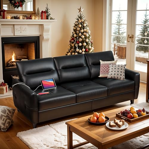 STHOUYN 85” Black Faux Leather Couch with USB, 3 Seater Sofa Couches for Living Room, Large Mid Century Modern Office Apartment Couch (Black)
