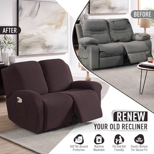Image of TAOCOCO Recliner Loveseat Slipcover, 6 Pieces Dual Recliner Sofa Covers for 2 Seat Dual Reclining Loveseat Couch, Stretch Soft Jacquard Pattern Furniture Protector with Elasticity (Chocolate)