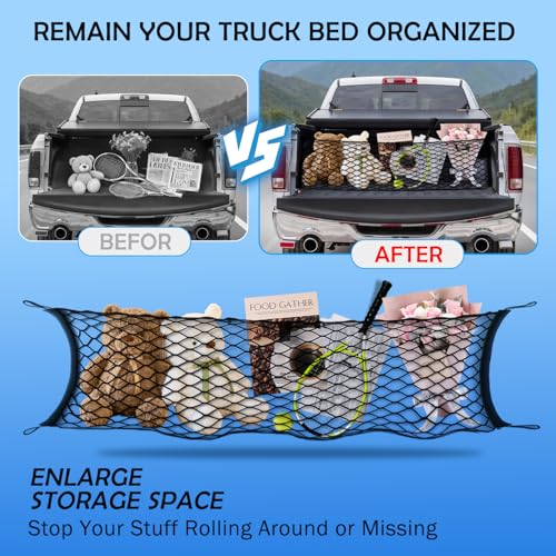 Image of Envelope Style Truck Bed Cargo Net for Dodge Ram 1500 2019-2026 Accessories, Rear Trunk Mesh Cargo Net, Upgraded 5mm Bungee & Double-layer Nylon Storage Tailgate Netting Grocery&Tools Holder Organizer