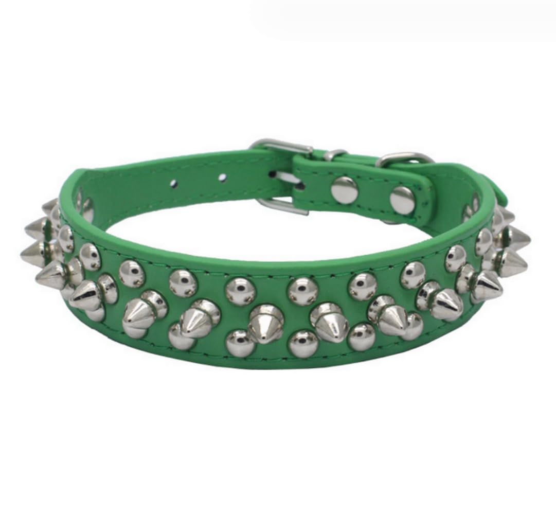 Spiked Studded PU Leather Dog Collar Pit Bull Rivets Pet Leashes Adjustable Collar (11-13"(27-32cm),Green)
