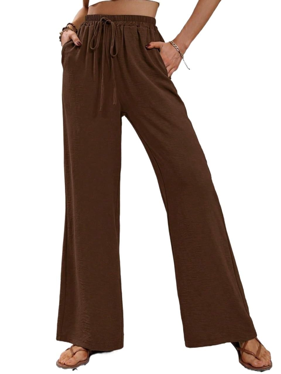 Womens Fall Casual Solid Color Drawstring Waist Straight Leg Pants Trousers