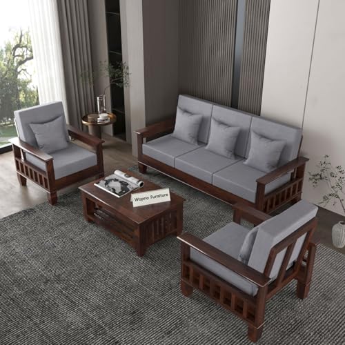 Image of Sheesham Wooden 5 Seater Sofa Set for Living Room | Rosewood Cushion Sofa with Side Newspaper Holder for Home & Office | Solid Wood Sofa Set for Lounge (Walnut, 3+1+1 Seater)